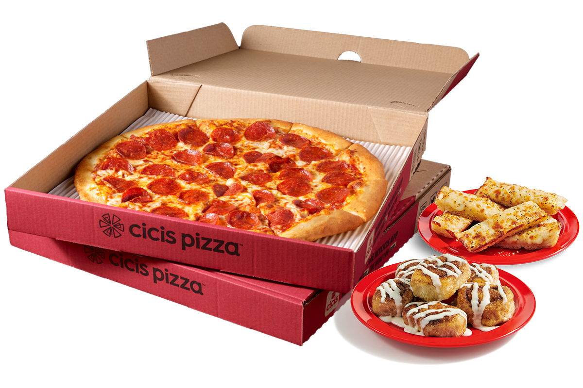 Stacked Cicis pizza boxes with one open showing a pepperoni pizza. Next to the boxes are a plate of cinnamon rolls and a plate of garlic cheesy bread. deal image