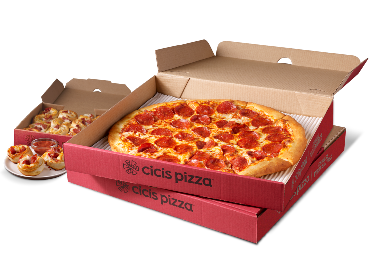 Stacked Cicis pizza boxes with one open showing a pepperoni pizza. Next to the boxes is a smaller box of pepperoni poppers with two poppers out in front on a small plate.