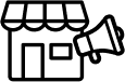 Icon-style drawing of a storefront overlaid with a megaphone.