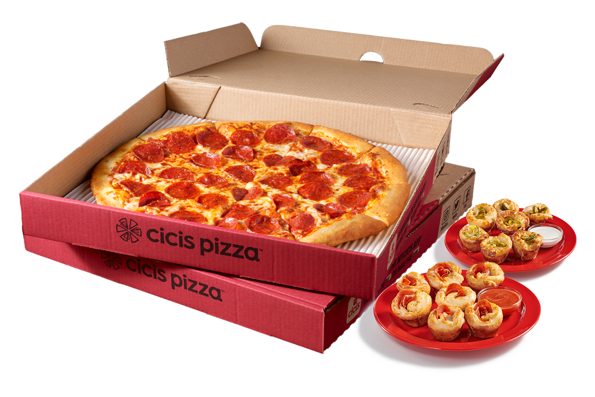Stacked Cicis pizza boxes with one open showing a pepperoni pizza. Next to the boxes is a smaller box of pepperoni poppers with two poppers out in front on a small plate.