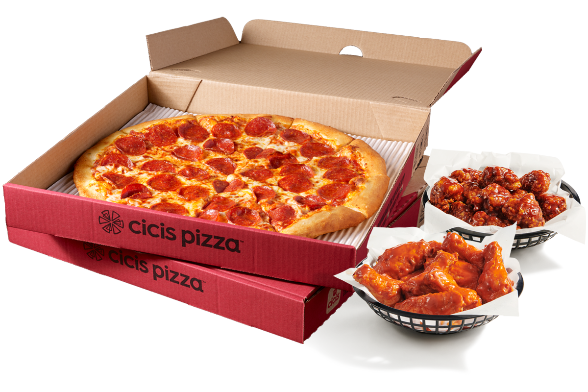 Value pack deal for two giant  1-topping pizzas paired with two baskets of saucy bone-in and boneless chicken wings. deal image