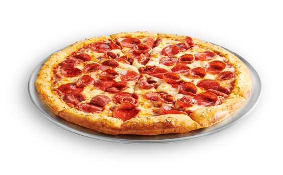 A Cicis pizza topped with pepperoni and cheese on a pan.