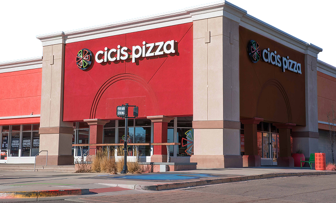 Exterior of a Cicis Pizza restaurant. The square two-story building is bright red with a "Cicis Pizza" sign and pie spark logo over the two adjacent entrances.