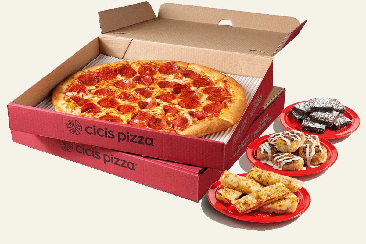 Cicis Value Pack with pizzas, garlic cheesy bread, brownies, and cinnamon rolls
