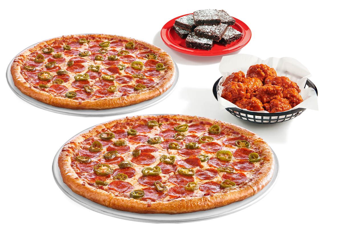 Value pack deal for two large 2-topping pizzas paired with a basket of boneless wings and a plate of brownies. deal image