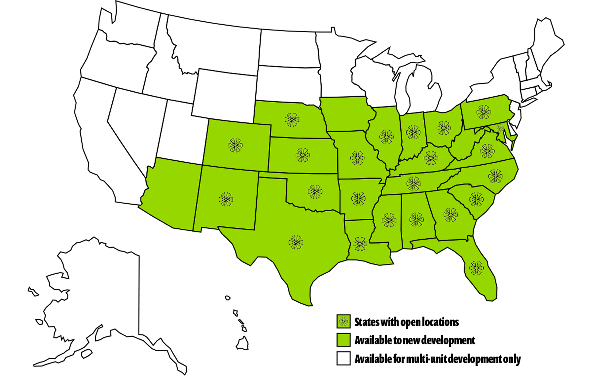 United States market availability map for Cicis Pizza restaurants.