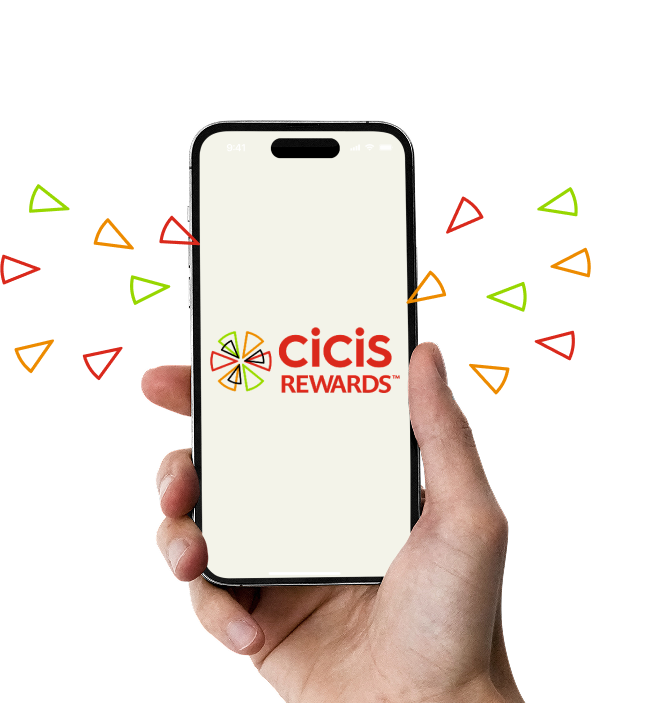 A hand holding a phone displaying a screen that reads: Cicis Rewards.