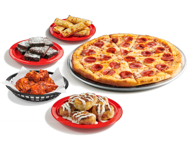Stacked Cicis pizza boxes with pepperoni pizza, cinnamon rolls, and garlic cheesy bread