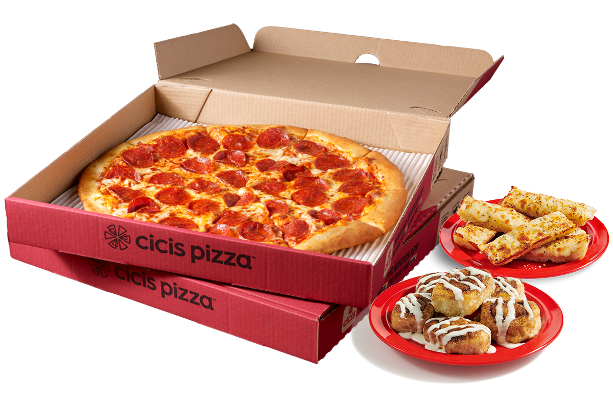 Value pack deal for two giant 1-topping pizzas plus garlic cheesy bread and gooey cinnamon rolls. deal image
