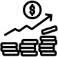 Icon-style drawing of stacked coins with a trending up arrow towards a dollar sign.
