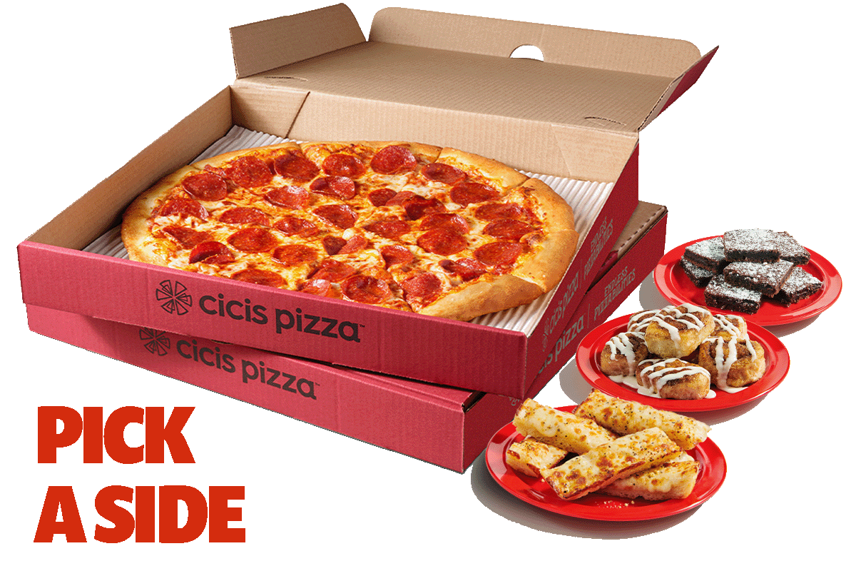 Stacked Cicis pizza boxes with one open showing a pepperoni pizza. Next to the boxes are a plate of cinnamon rolls and a plate of garlic cheesy bread.