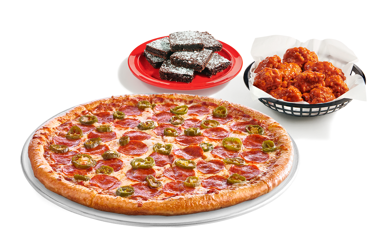 Value pack deal for a large 2-topping pizza paired with a basket of boneless wings and a plate of brownies. deal image