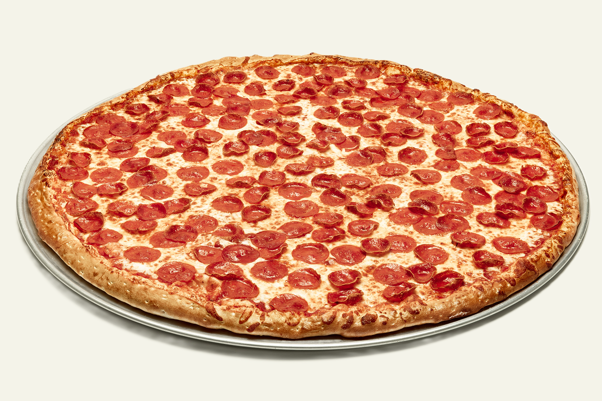 Piezilla pizza with 28 inches of domination text